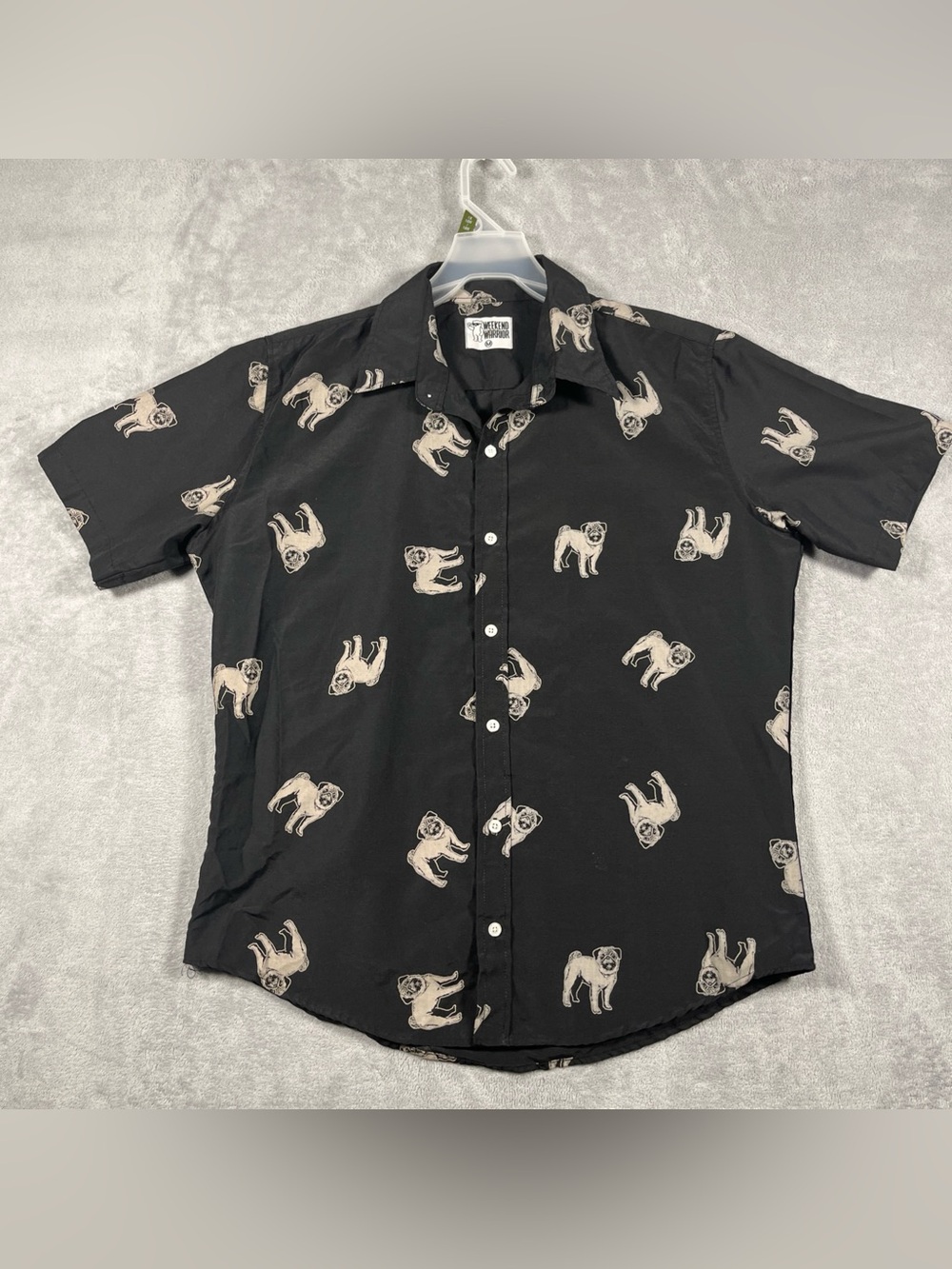 Weekend Warrior PUG Dog Print AOP Button Up Shirt Men’s Size Medium Black